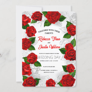 Gold Red Floral Modern Boho Invitation