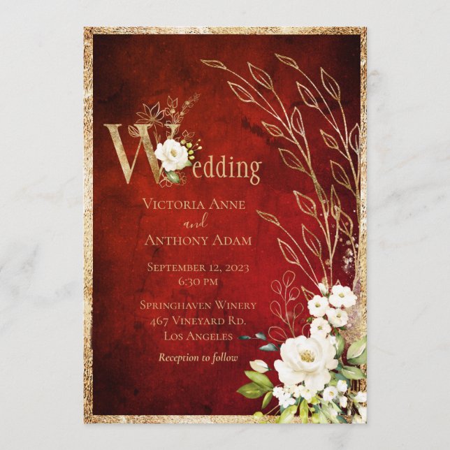 Gold Red Floral Rustic Script Wedding Invitation (Front)
