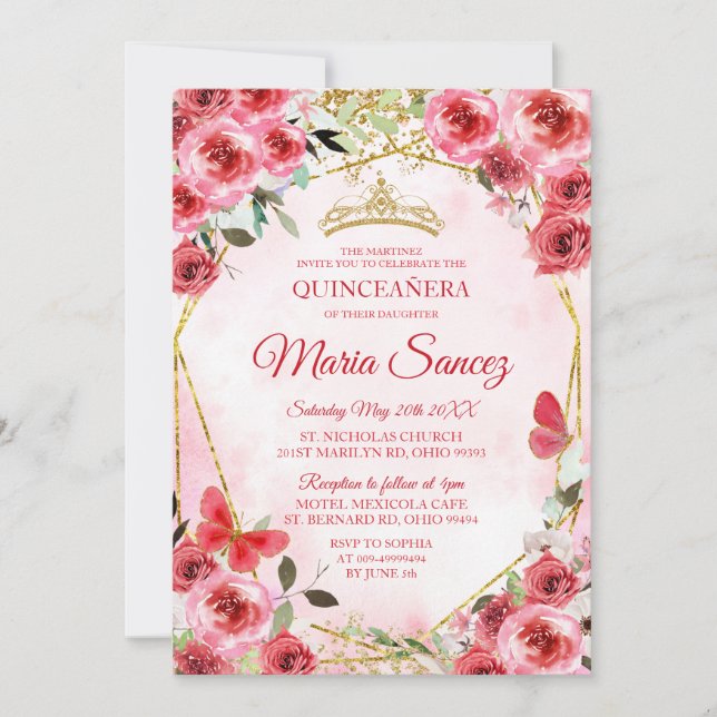 Gold Red Flowers Mexican Girl Charra Mis Quince Invitation (Front)