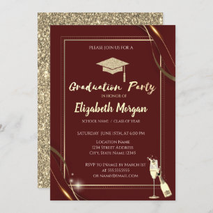Gold Red Frame Wine Glitter Grad Cap Red Invitation