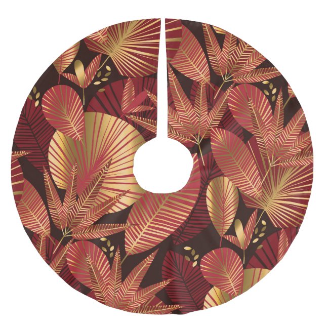 Gold Red, Geometric Tropical Pattern. Brushed Polyester Tree Skirt (Front)
