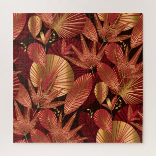 Gold Red, Geometric Tropical Pattern. Jigsaw Puzzle