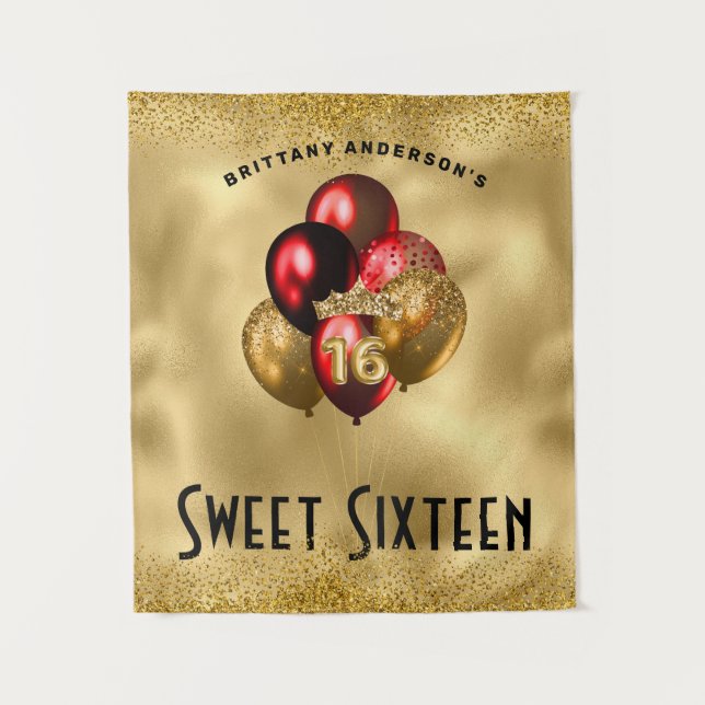 Gold Red Glitter Balloons Sweet 16 16th Birthday Tapestry (Front)