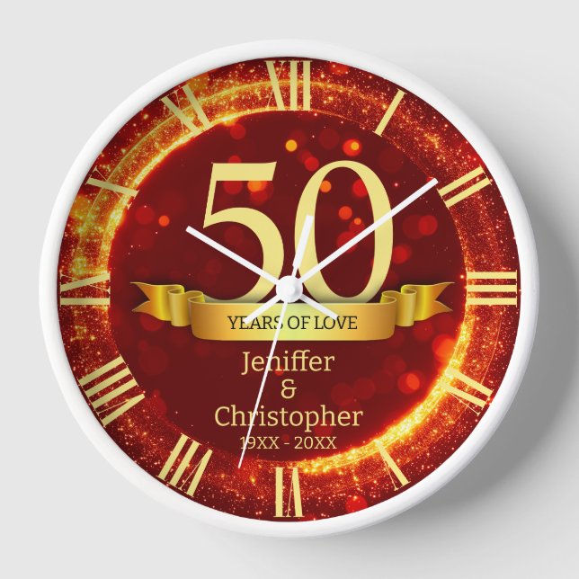 Gold & Red Glitter Edit Year Wedding Anniversary Clock (Front)