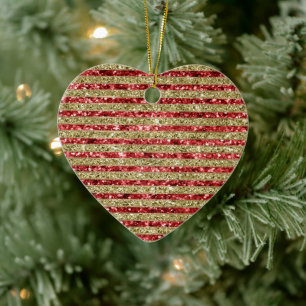 Gold Red Glitter Glitz Stripes Ceramic Tree Decoration
