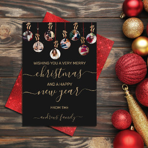 Gold Red Glitter Hanging Ornaments Photo Christmas Holiday Card