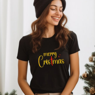 Gold Red Glitter Merry Christmas Christian Cross T-Shirt