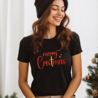 Gold Red Glitter Merry Christmas Christian Cross T-Shirt
