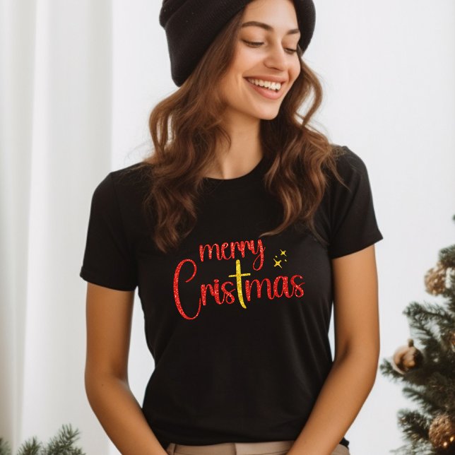 Gold Red Glitter Merry Christmas Christian Cross T-Shirt (Creator Uploaded)