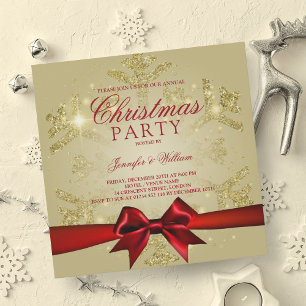 Gold Red Glitter & Ribbon Xmas Holiday Party Invitation