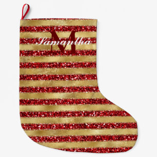 Gold Red Glitter Stripes Monogram Large Christmas Stocking
