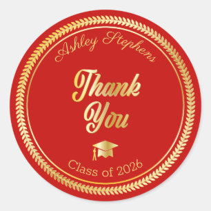 Gold   Red Grad Cap Class of 2026 Thank You Classic Round Sticker