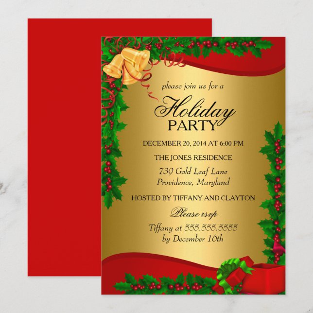 Gold Red Green Holly Leaves Bell Christmas Holiday Invitation (Front/Back)