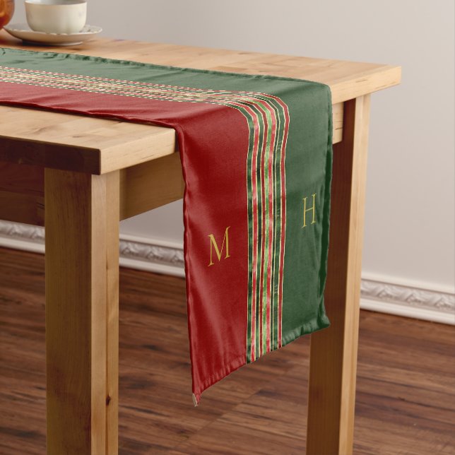 Gold Red Green Monogram Christmas Table Runner (In Situ)