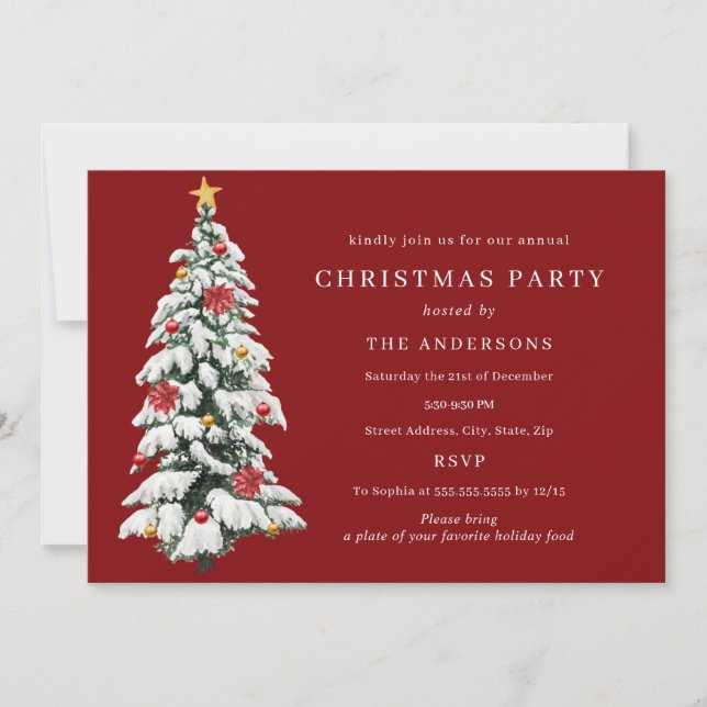 Gold Red Green Traditional Tree Christmas Party Invitation (Front)