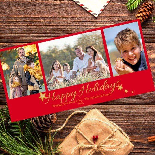 Gold & Red Happy Holidays 3 Photo Collage Holiday Card (Creator Uploaded)