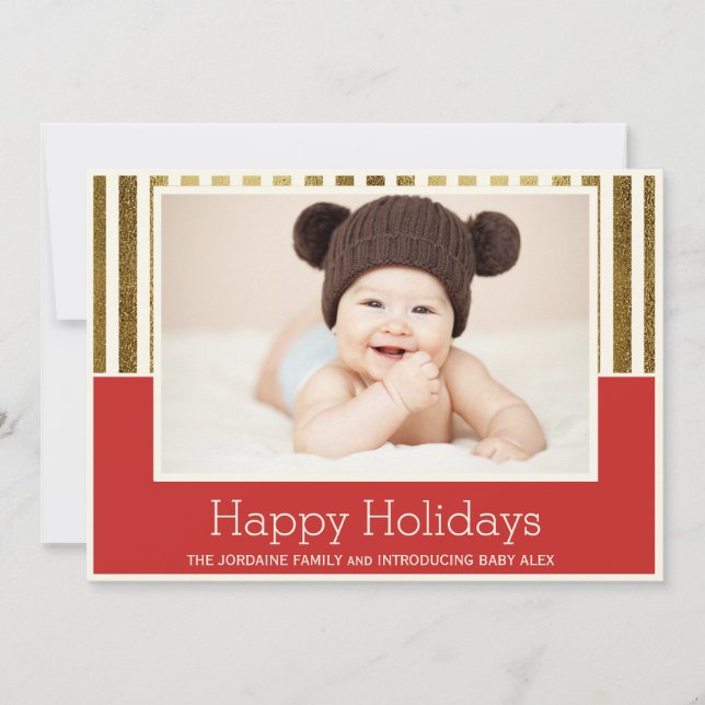 Gold Red Happy Holidays Photo Baby Announcement (Front)