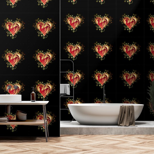 Gold Red Heart Custom Colour Black Wallpaper (Bathroom)