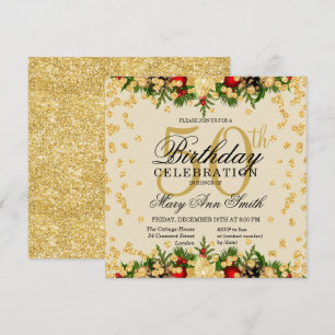 Gold & Red Holiday Glitter Glam 50th Birthday Invi Invitation