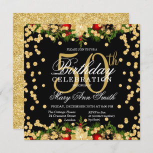 Gold & Red Holiday Glitter Glam 50th Birthday Invitation