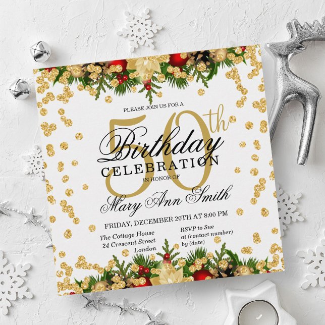 Gold & Red Holiday Glitter Glam 50th Birthday Invitation (Gold & Red Holiday Glitter Glam 50th Birthday Invitation)
