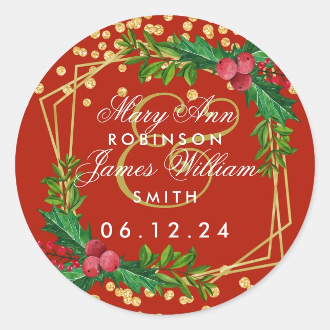 Gold Red Holiday Save The Date Wedding Holly Classic Round Sticker (Front)