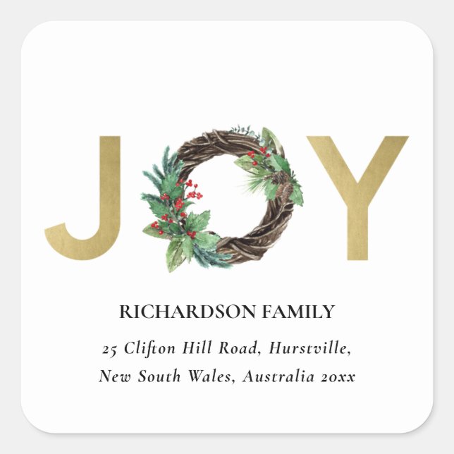 GOLD RED HOLLY BERRY JOY WREATH CHRISTMAS ADDRESS SQUARE STICKER (Front)