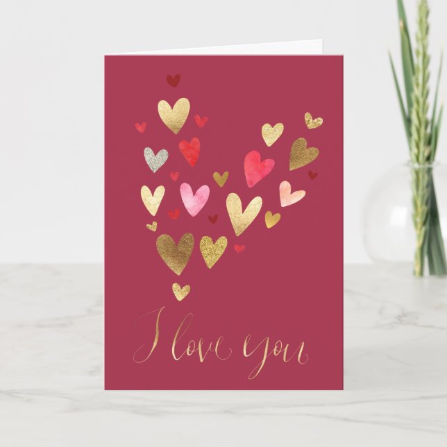 Gold Red I love you Hearts Card (Front)