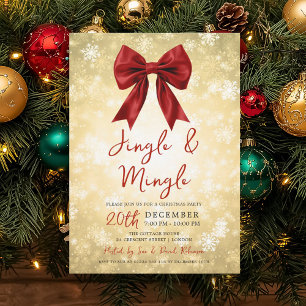 Gold Red Jingle Mingle Christmas Party Bow & Snow  Invitation