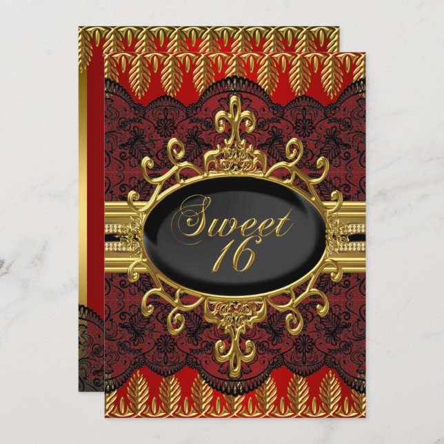 Gold Red Leaf Lace Sweet 16 Party Invite (Front/Back)