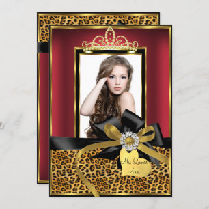 Gold Red Leopard Print & Bow Photo Quinceanera Invitation
