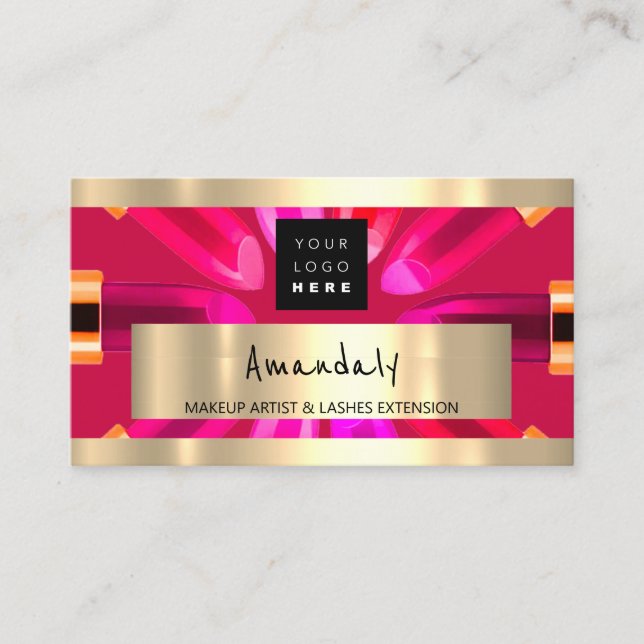 Gold Red Lipstick Shop QRCODE Logo Makeup Artist Business Card (Front)