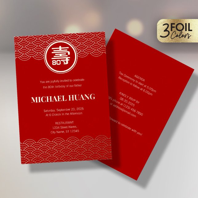 Gold Red Longevity Birthday Foil Invitation (FS) (Creator Uploaded)