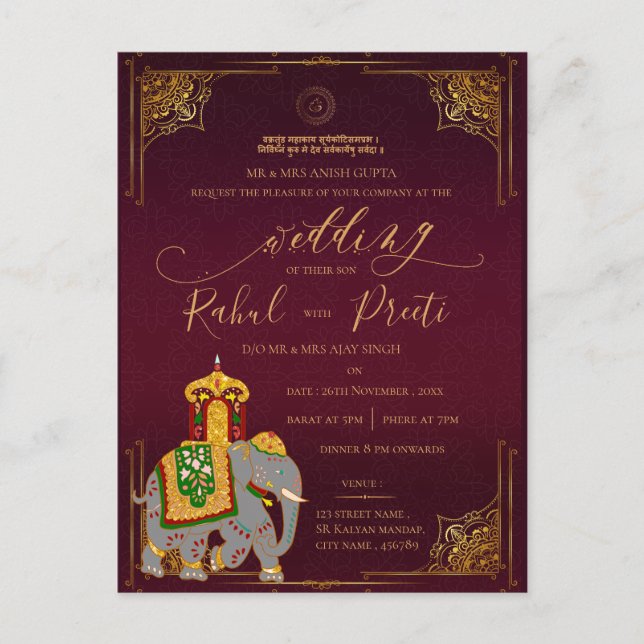 Gold Red Lord Ganesh Indian Wedding Invitation  Postcard (Front)