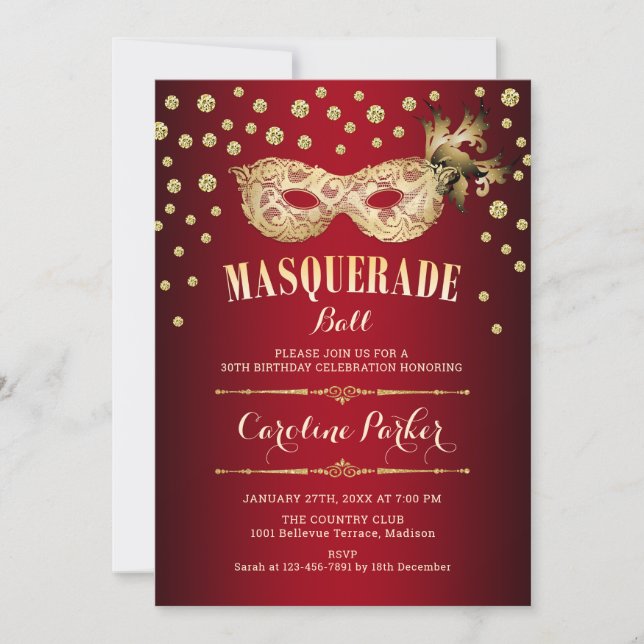 Gold Red Masquerade Ball Birthday Party Invitation (Front)