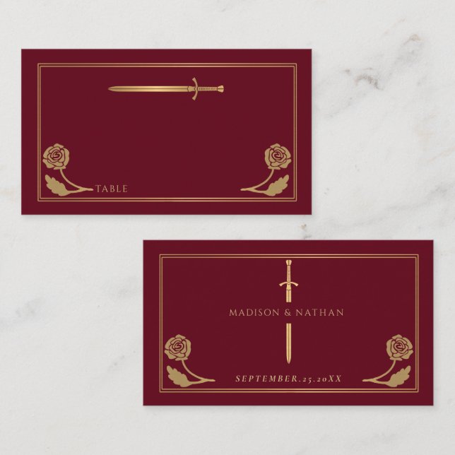 Gold Red Mediaeval Royal Sword Wedding Place Card (Front/Back)