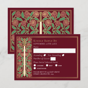 Gold Red Medieval Floral Sword Wedding RSVP Card