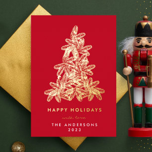 Gold & Red Merry Christmas Pine Tree Happy