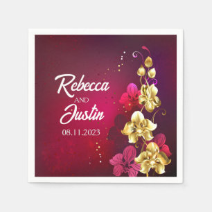 Gold Red Orchids Floral Modern Boho Napkin