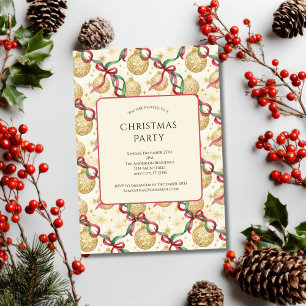 Gold Red Ornaments Bows Holiday Christmas Party Invitation