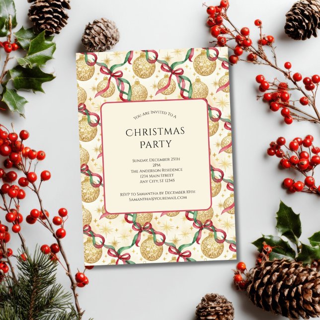 Gold Red Ornaments Bows Holiday Christmas Party Invitation (Gold Red Green Ornaments Bows Coquette Christmas Party Invitation. Printed or Digital Download)