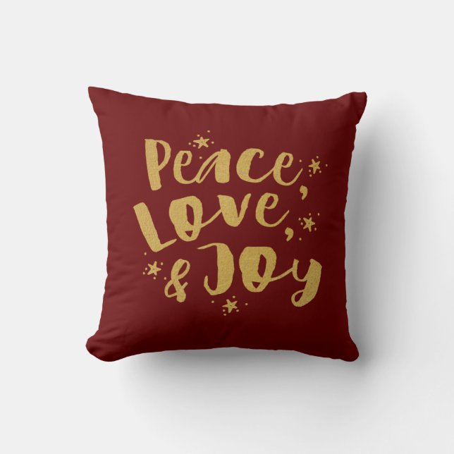 Gold Red Peace Love & Joy Christmas Cushion (Front)