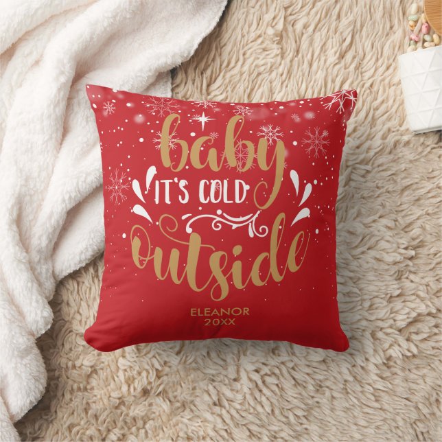 Gold Red Personalized Baby It's Cold Outside Cushion (Blanket)