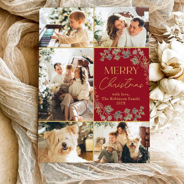 Gold Red Photo Collage Christmas Holiday Card (Creator Uploaded)