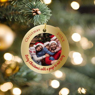 Gold red photo family story quote Christmas Ceramic Tree Decoration