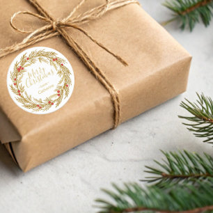 Gold Red Pine Berry Christmas Wreath Family Name Classic Round Sticker