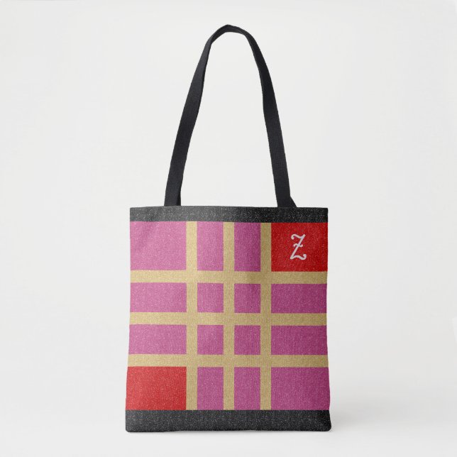 Gold Red Pink Black Glitter Fashion Custom Initial Tote Bag (Front)