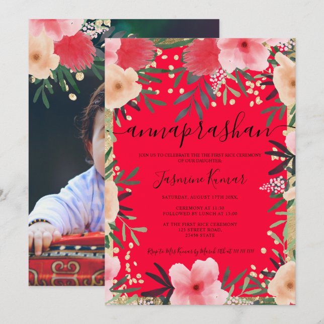 Gold red pink floral watercolor photo Annaprashan Invitation (Front/Back)