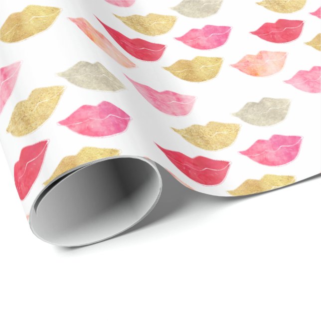 Gold Red Pink Watercolor Lips Wrapping Paper (Roll Corner)