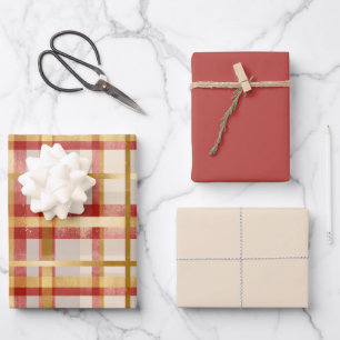 Gold Red Plaid Christmas Wrapping Paper Sheet